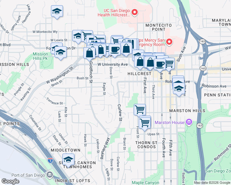 map of restaurants, bars, coffee shops, grocery stores, and more near 3682 Curlew Street in San Diego