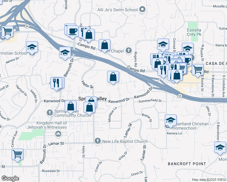 map of restaurants, bars, coffee shops, grocery stores, and more near 3775 Kenwood Court in Spring Valley