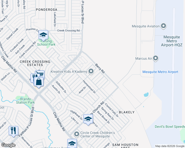 map of restaurants, bars, coffee shops, grocery stores, and more near 1430 Springwood Drive in Mesquite