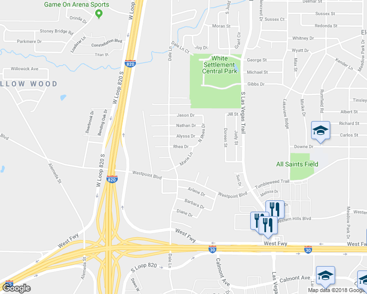 map of restaurants, bars, coffee shops, grocery stores, and more near 9213 Rhea Drive in White Settlement