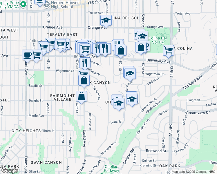 map of restaurants, bars, coffee shops, grocery stores, and more near 4964 Auburn Drive in San Diego