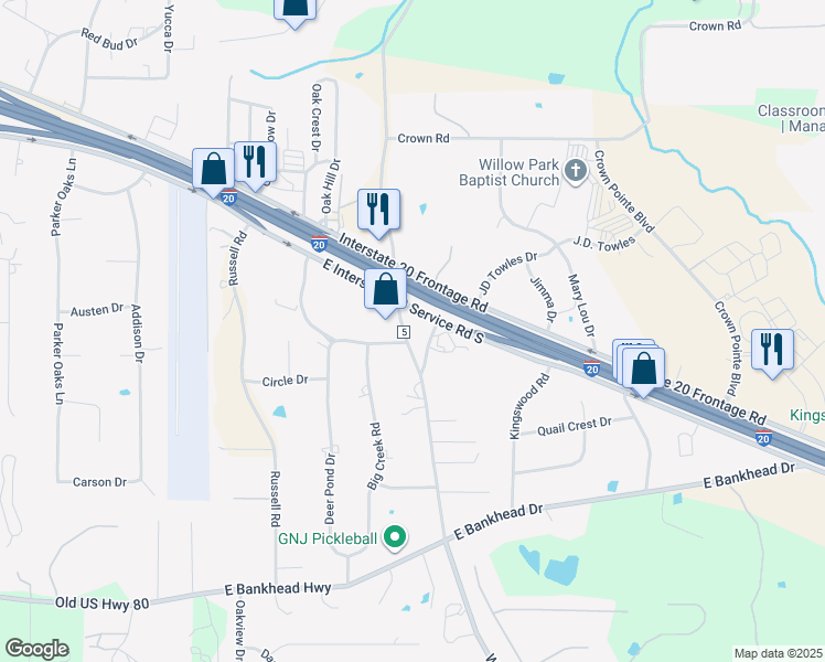 map of restaurants, bars, coffee shops, grocery stores, and more near 720 Mikus Road in Willow Park