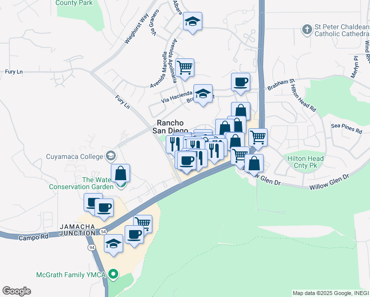 map of restaurants, bars, coffee shops, grocery stores, and more near 11374 Via Rancho San Diego in El Cajon