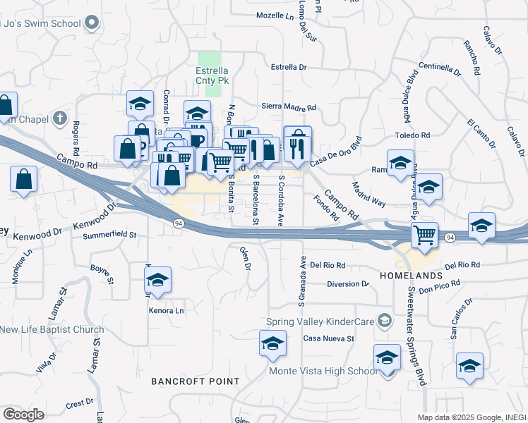map of restaurants, bars, coffee shops, grocery stores, and more near 3605 South Barcelona Street in Spring Valley