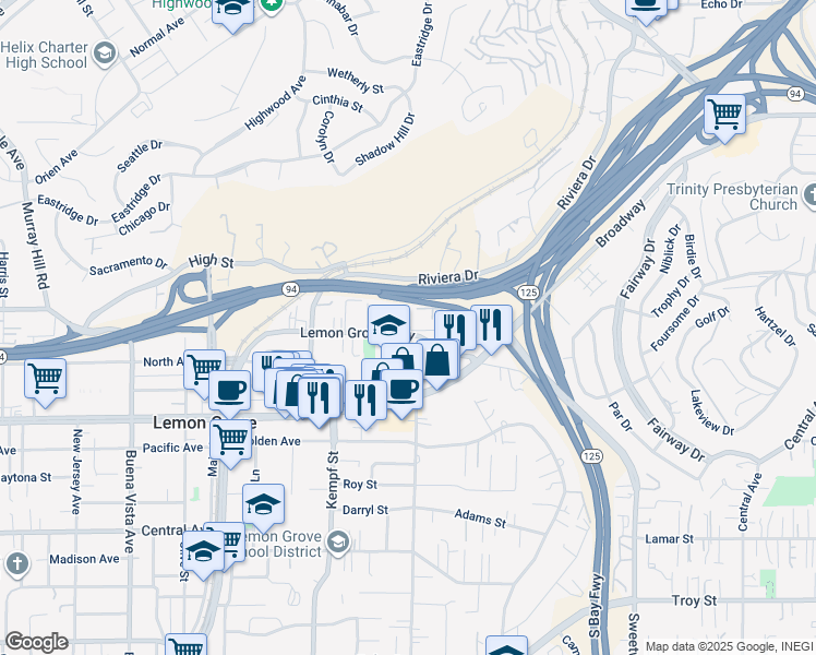 map of restaurants, bars, coffee shops, grocery stores, and more near 8147 Lemon Grove Way in Lemon Grove