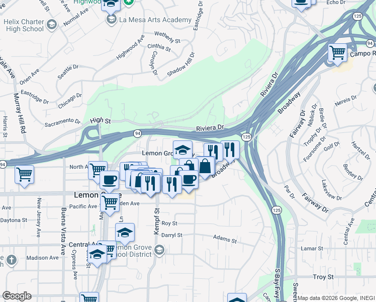 map of restaurants, bars, coffee shops, grocery stores, and more near 8147 Lemon Grove Way in Lemon Grove