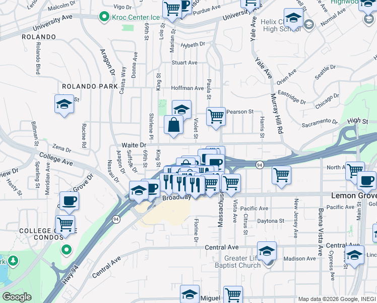 map of restaurants, bars, coffee shops, grocery stores, and more near 3705 Jill Lane in La Mesa
