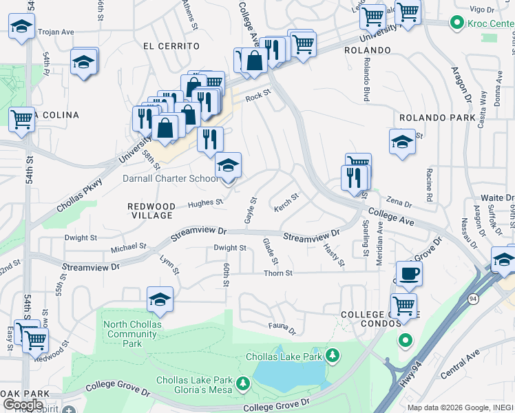 map of restaurants, bars, coffee shops, grocery stores, and more near 6109 Kerch Street in San Diego