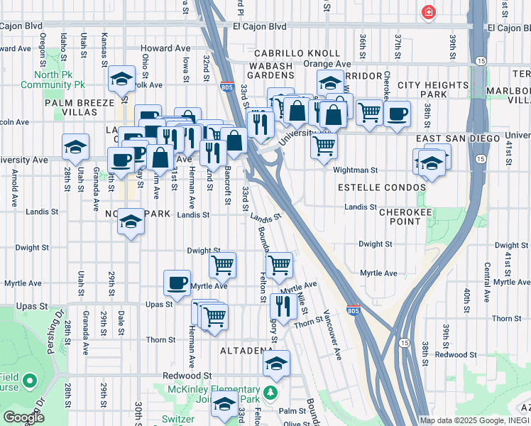 map of restaurants, bars, coffee shops, grocery stores, and more near 3677 Boundary Street in San Diego