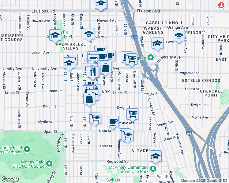 map of restaurants, bars, coffee shops, grocery stores, and more near 3670 31st Street in San Diego