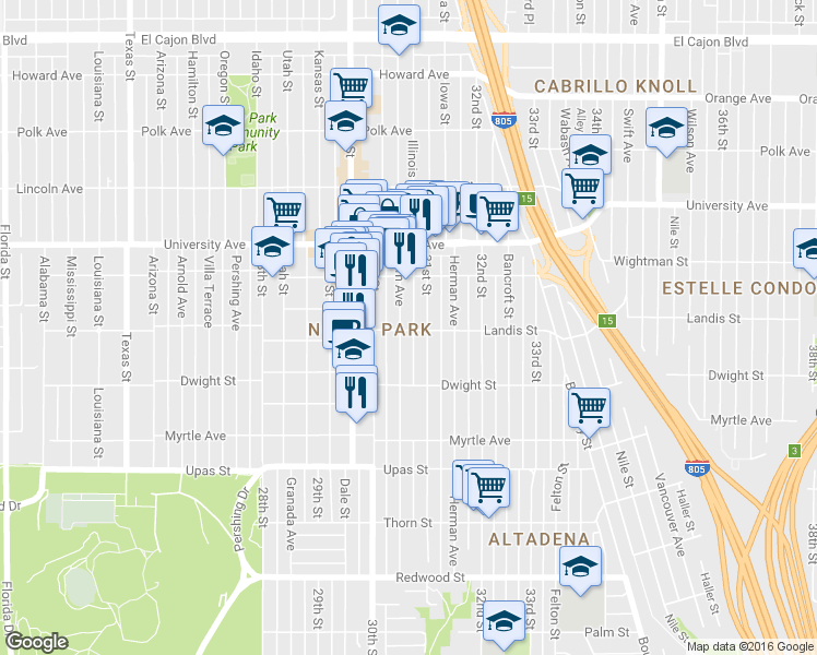 map of restaurants, bars, coffee shops, grocery stores, and more near 3670 31st Street in San Diego