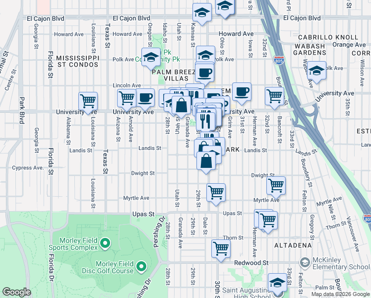map of restaurants, bars, coffee shops, grocery stores, and more near 3636 Granada Avenue in San Diego