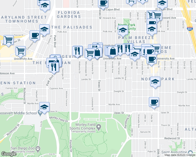map of restaurants, bars, coffee shops, grocery stores, and more near 3672 Texas Street in San Diego