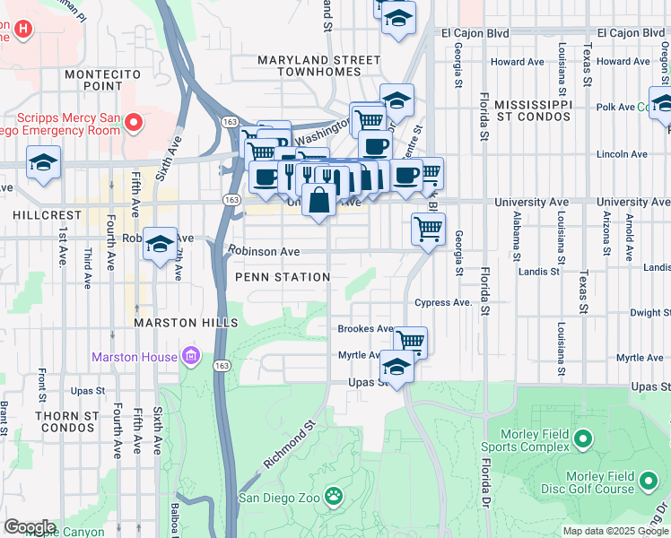 map of restaurants, bars, coffee shops, grocery stores, and more near 3684 Richmond Street in San Diego