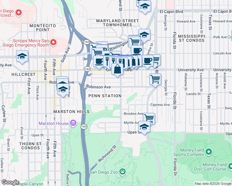 map of restaurants, bars, coffee shops, grocery stores, and more near 3684 Richmond Street in San Diego