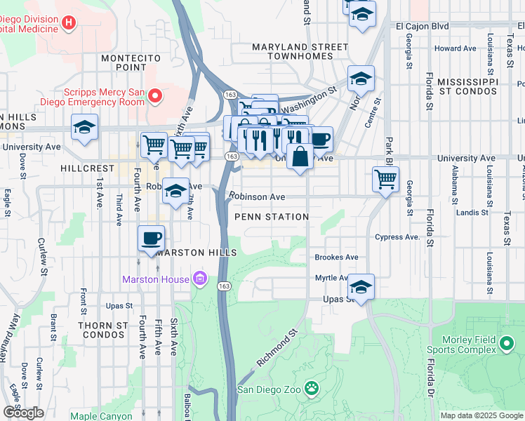 map of restaurants, bars, coffee shops, grocery stores, and more near 1034 Cypress Way in San Diego