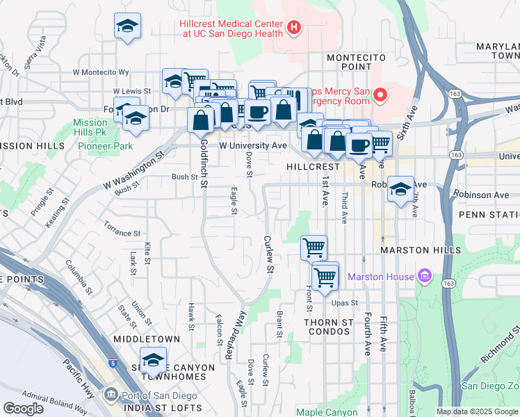 map of restaurants, bars, coffee shops, grocery stores, and more near 3682 Curlew Street in San Diego
