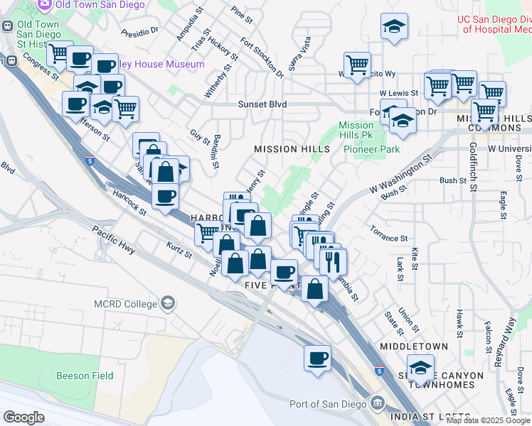 map of restaurants, bars, coffee shops, grocery stores, and more near in San Diego