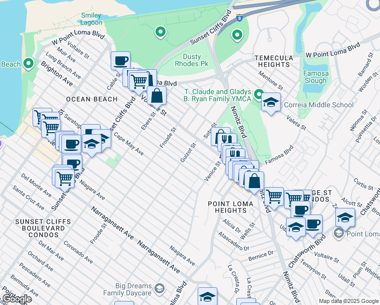 map of restaurants, bars, coffee shops, grocery stores, and more near 4461 Long Branch Avenue in San Diego