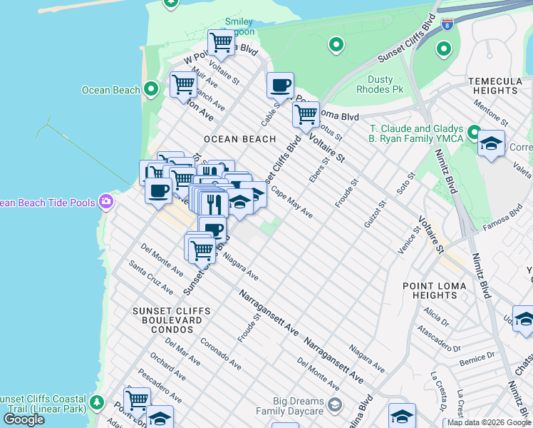 map of restaurants, bars, coffee shops, grocery stores, and more near 4741 Santa Monica Avenue in San Diego