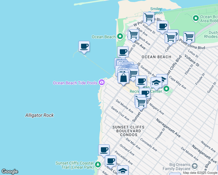 map of restaurants, bars, coffee shops, grocery stores, and more near 5030 Del Monte Avenue in San Diego