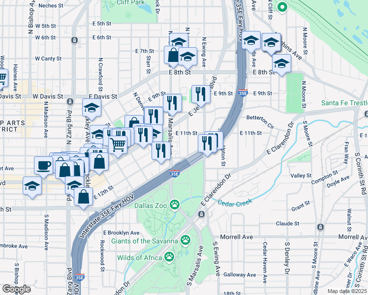 map of restaurants, bars, coffee shops, grocery stores, and more near 600 R.L. Thornton Freeway in Dallas