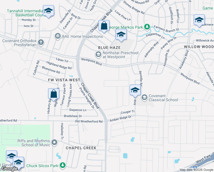 map of restaurants, bars, coffee shops, grocery stores, and more near 2001 Chapel Creek Boulevard in Fort Worth