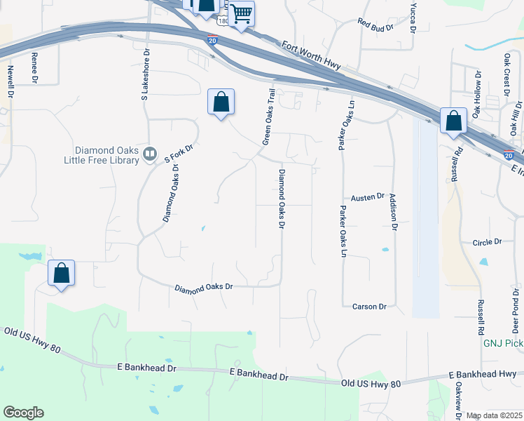 map of restaurants, bars, coffee shops, grocery stores, and more near 225 Rob Lane in Hudson Oaks