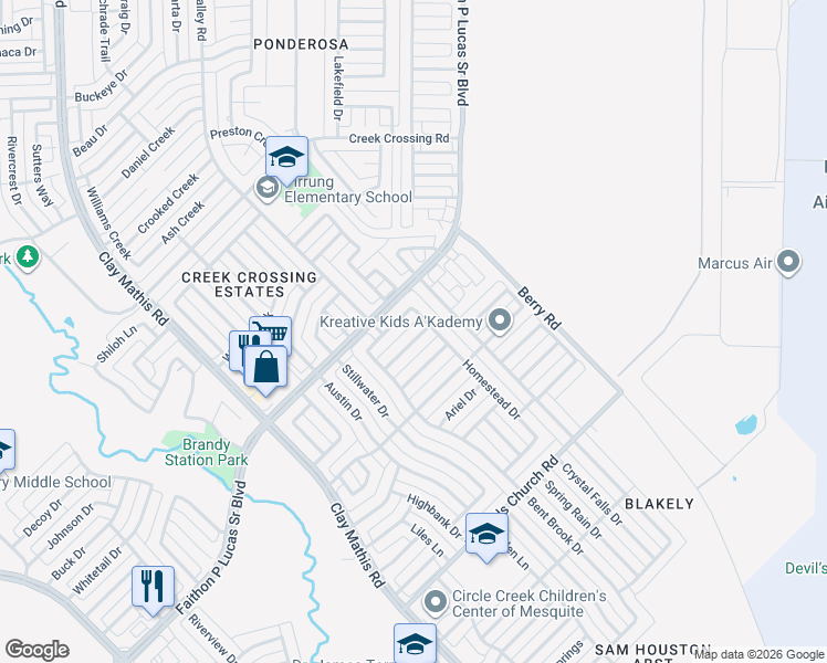 map of restaurants, bars, coffee shops, grocery stores, and more near 1617 Briargrove Drive in Mesquite