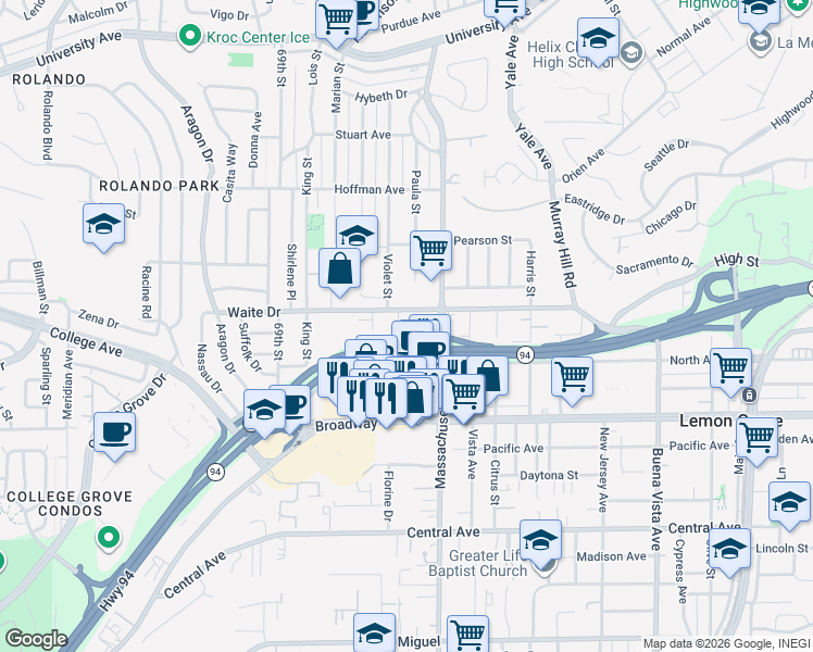 map of restaurants, bars, coffee shops, grocery stores, and more near Martin Luther King Junior Freeway in La Mesa