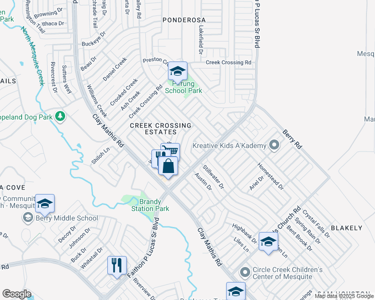 map of restaurants, bars, coffee shops, grocery stores, and more near 2608 Austin Drive in Mesquite