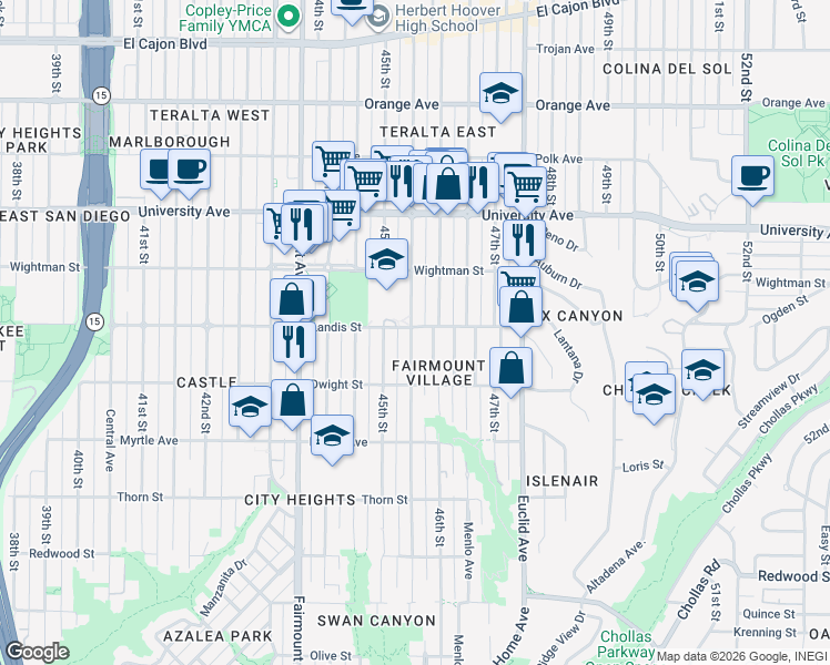 map of restaurants, bars, coffee shops, grocery stores, and more near 4555-57 Landis Street in San Diego
