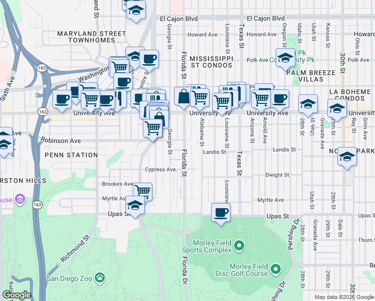 map of restaurants, bars, coffee shops, grocery stores, and more near 3701 Florida Street in San Diego
