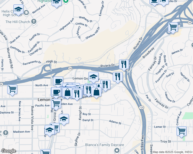map of restaurants, bars, coffee shops, grocery stores, and more near 8147 Lemon Grove Way in Lemon Grove