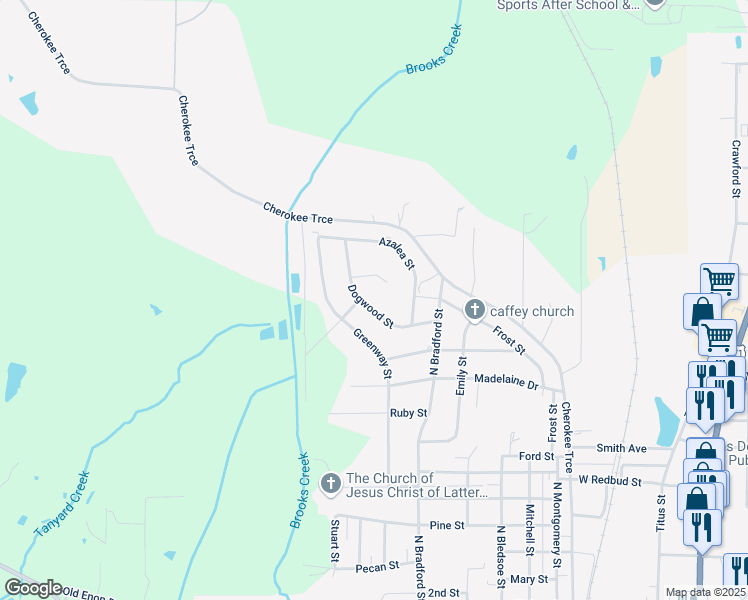 map of restaurants, bars, coffee shops, grocery stores, and more near 1102 Dogwood Street in Gilmer