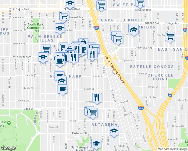 map of restaurants, bars, coffee shops, grocery stores, and more near 3216 Landis Street in San Diego