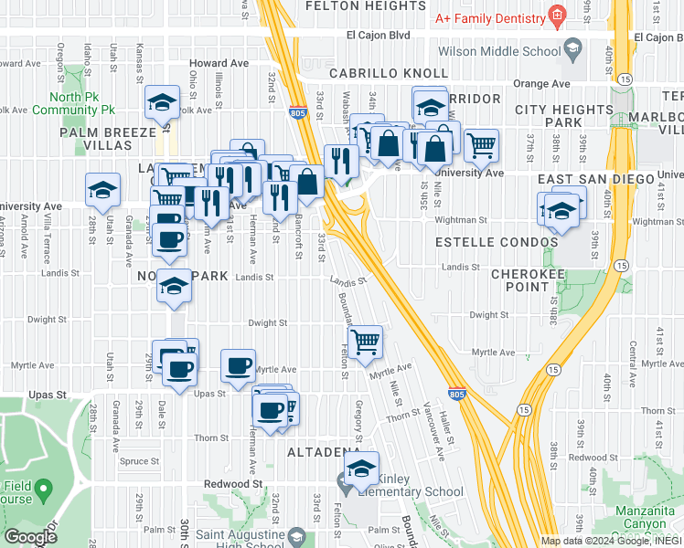 map of restaurants, bars, coffee shops, grocery stores, and more near 3677 Boundary Street in San Diego