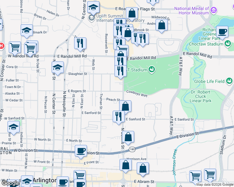 map of restaurants, bars, coffee shops, grocery stores, and more near in Arlington