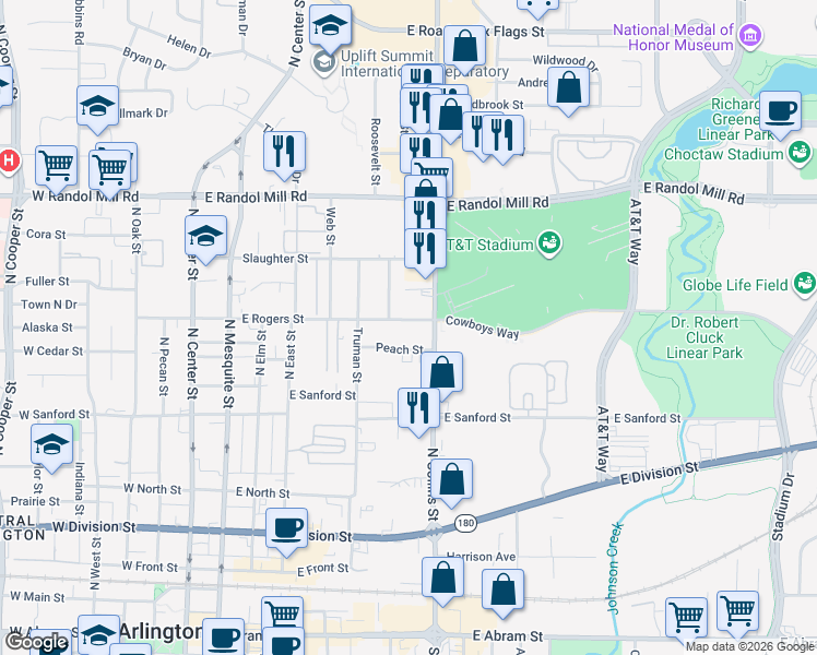 map of restaurants, bars, coffee shops, grocery stores, and more near in Arlington