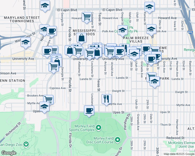 map of restaurants, bars, coffee shops, grocery stores, and more near 3672 Texas Street in San Diego