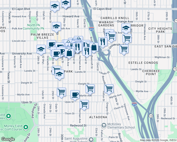 map of restaurants, bars, coffee shops, grocery stores, and more near 3216 Landis Street in San Diego