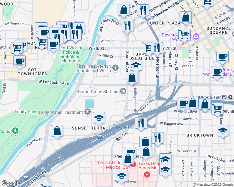 map of restaurants, bars, coffee shops, grocery stores, and more near 1200 Summit Avenue in Fort Worth
