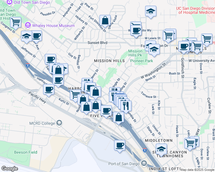map of restaurants, bars, coffee shops, grocery stores, and more near 1828 Linwood Street in San Diego
