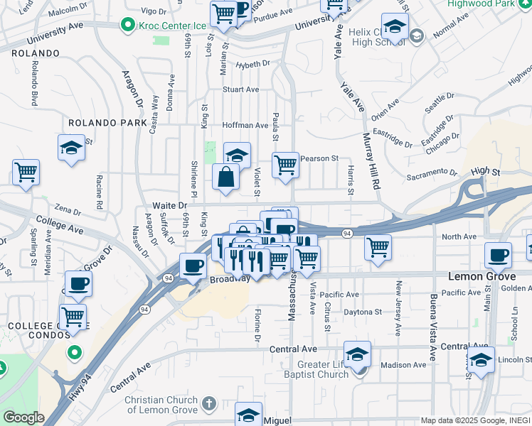 map of restaurants, bars, coffee shops, grocery stores, and more near 7125 Waite Drive in La Mesa