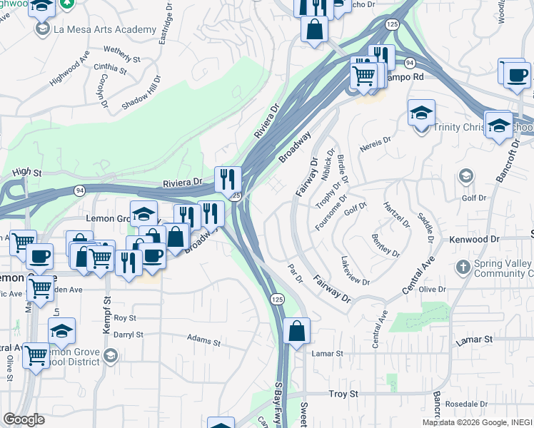 map of restaurants, bars, coffee shops, grocery stores, and more near 3448 Trophy Drive in La Mesa