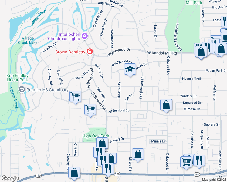 map of restaurants, bars, coffee shops, grocery stores, and more near 801 Pin Oak Lane in Arlington