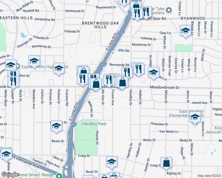 map of restaurants, bars, coffee shops, grocery stores, and more near 6413 Meadowbrook Drive in Fort Worth