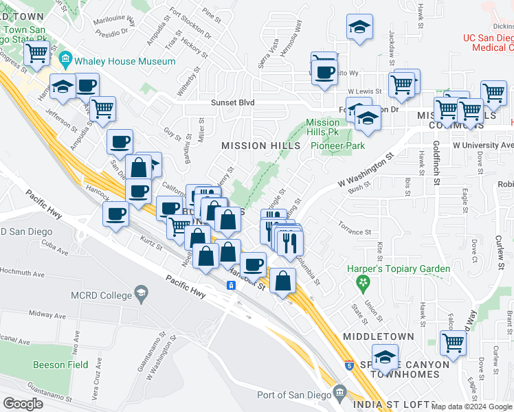 map of restaurants, bars, coffee shops, grocery stores, and more near 1828 Linwood Street in San Diego