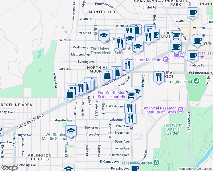 map of restaurants, bars, coffee shops, grocery stores, and more near 3800 Camp Bowie Boulevard in Fort Worth