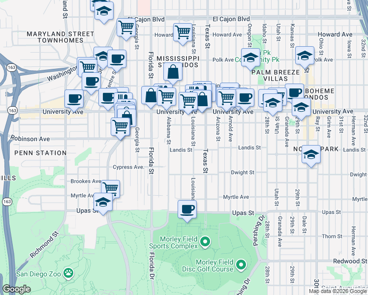map of restaurants, bars, coffee shops, grocery stores, and more near 3749 Mississippi Street in San Diego